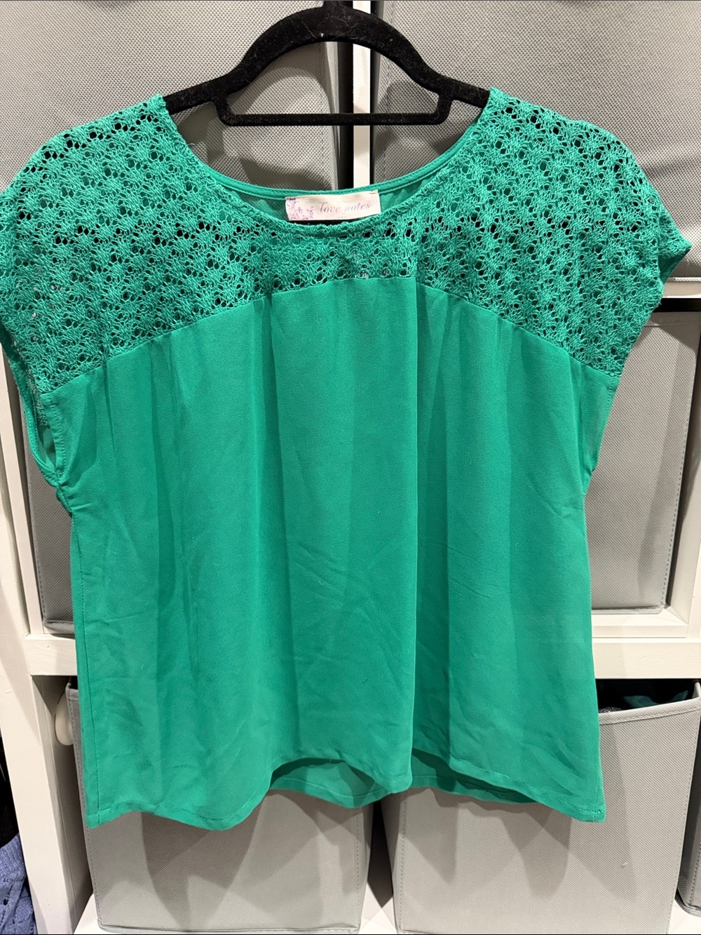 Love Notes Teal Crochet Yoke Cap Sleeve Blouse